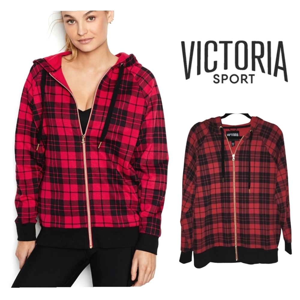 VS SPORT Full Zip Hoodie Soft Fleece Color Red Plaid, Size Medium
